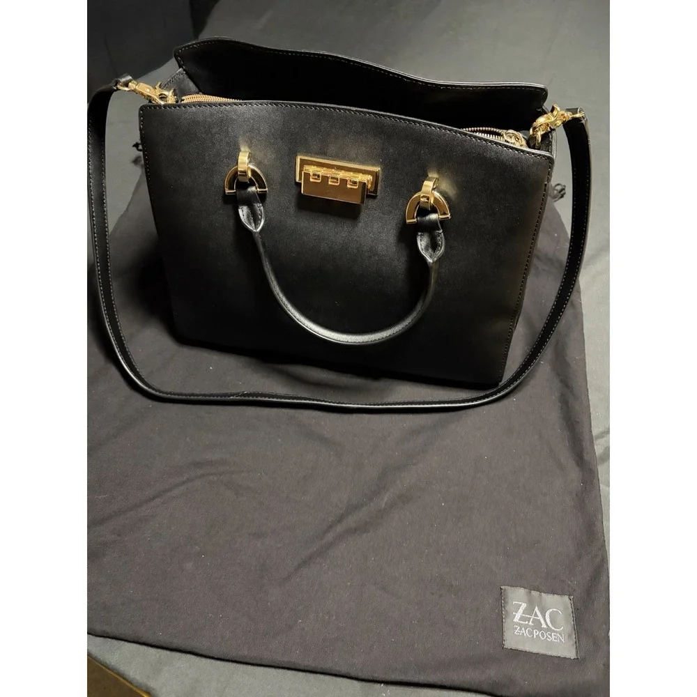 ZAC Zac Posen Eartha Black Leather Satchel Crossbody Bag Gold Dust Bag